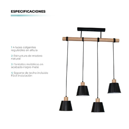 Lámpara Colgante Marca 4 Luces E27 Negra Atikus 110v