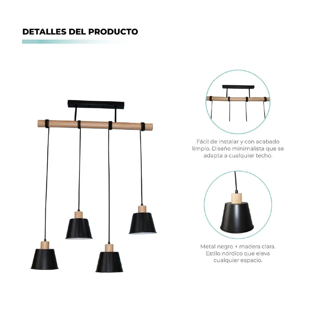 Lámpara Colgante Marca 4 Luces E27 Negra Atikus 110v